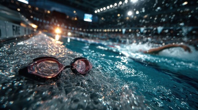 Close-Up of Swimming Goggles by Poolside with Swimmer in Action - Powered by Adobe