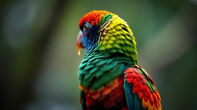 Colorful parrot with vibrant red green blue and orange feathers in closeup portrait