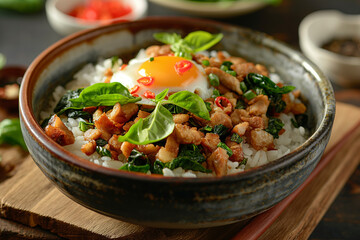 Pork and fried egg with basil on rice