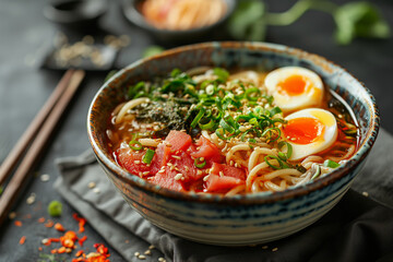 Spicy Ramen Bowl with Soft-Boiled Eggs and Toppings