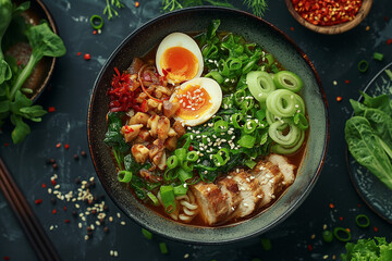 Spicy Ramen Bowl with Soft-Boiled Eggs and Toppings