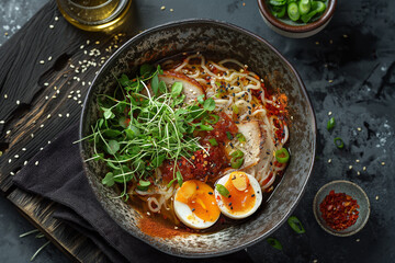 Spicy Ramen Bowl with Soft-Boiled Eggs and Toppings