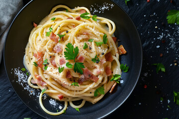 Classic Spaghetti Carbonara with Bacon and Parsley
