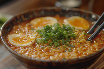 Spicy Ramen Bowl with Soft-Boiled Eggs and Toppings