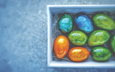 Colorful Easter eggs in a white box on a gray surface