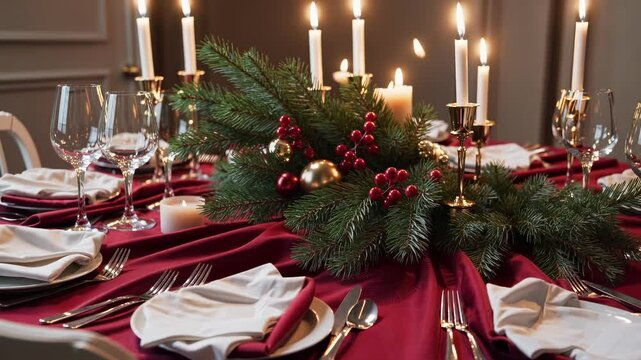 Christmas table setting with candles and festive decorations