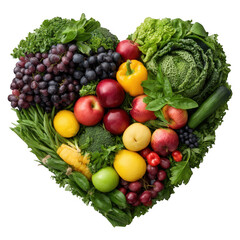 Heart shaped arrangement of fresh fruits and vegetables isolated on transparent background