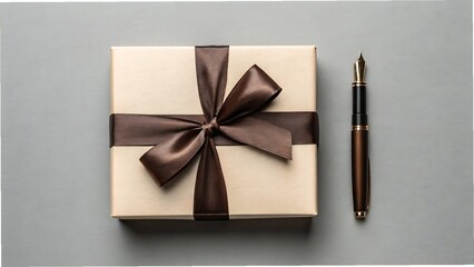 Elegant gift box with brown ribbon and fountain pen