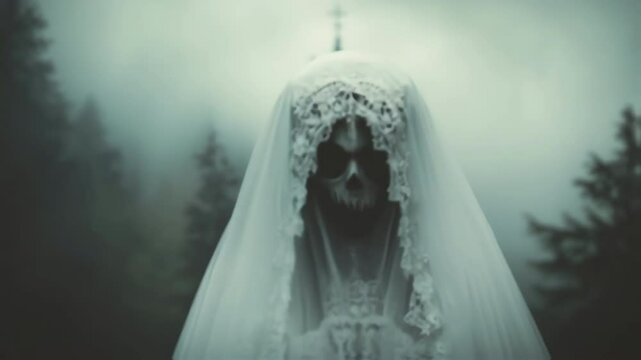 Gothic bride wearing intricate skull makeup veiling pale face. Standing motionless in misty graveyard with gothic church looming behind. Creating haunting supernatural atmosphere of death and mystery