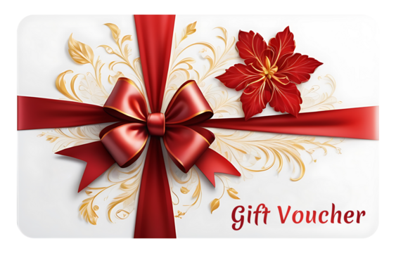 White gift card with floral red accents and large central bow, great for romantic occasions or luxury voucher designs - Powered by Adobe