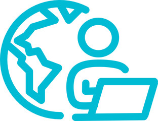Remote work blue line icon. Man with laptop and globe behind. Work from anywhere. Editable llustration.