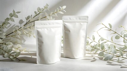 White packaging mockup with decorative foliage for product presentation and branding design