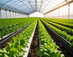 Lush Greenhouse with Rows of Lettuce and Climate Controlled Indoor Farming Environment
