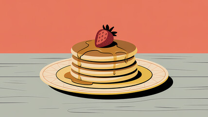 Flat Design Illustration of Golden Pancake Stack with Strawberry and Syrup on Yellow Plate with Coral Background and Linen Napkin