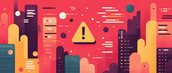 Warning Sign in Urban Area with Skyscrapers and Alert Icon