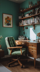 Teal walls create vintage mood in interior. wooden desk stands ready, adorned with books and classic typewriter, radiating sense of calm focus