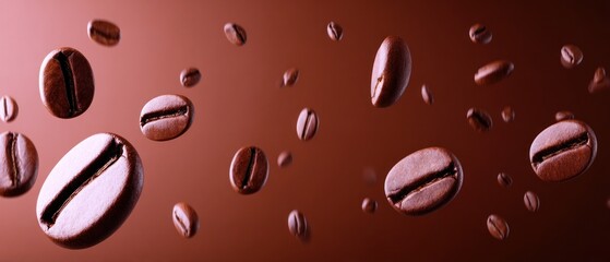 Fototapeta premium Coffee beans in mid-air against a rich brown background