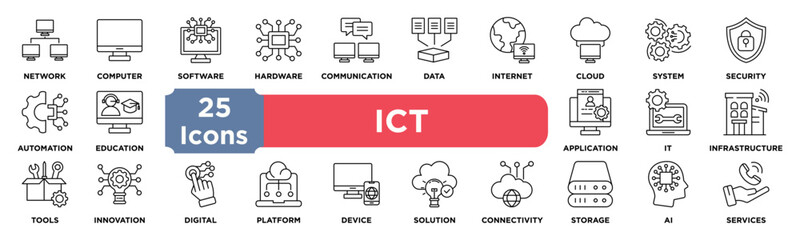 ICT icon collection set. Containing network,computer,software,hardware,communication,data,internet,cloud,system,security icon. Simple line vector