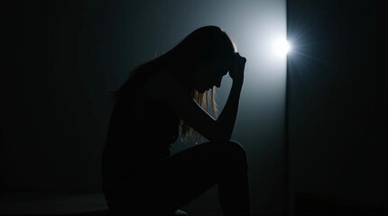 Isolated Sadness: A Silhouetted Figure Lost in Thought in the Dark