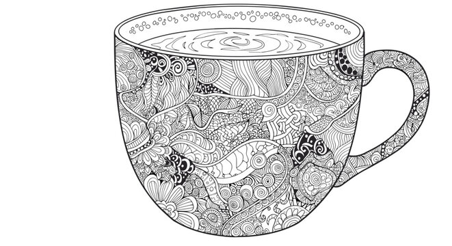 Intricate zentangle coffee mug illustration with swirling patterns and bubble details for relaxation and design projects, perfect for creative coloring books and art enthusiasts