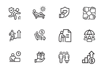 Employee Benefits and Human Resources Icons Set – Corporate Wellness and Compensation Symbols
