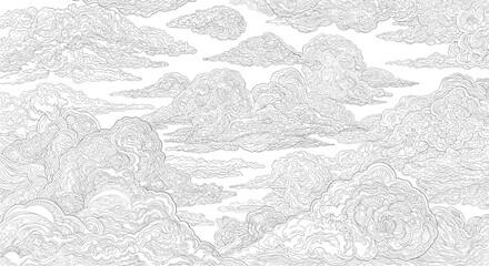 Naklejka premium Intricate line art illustration featuring a detailed sky filled with swirling clouds and patterns providing a serene, dreamlike atmosphere for creative projects.