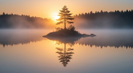Sunrise over misty lake with solitary pine tree