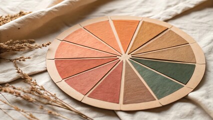 Wooden color palette puzzle displaying earthy tones on neutral background