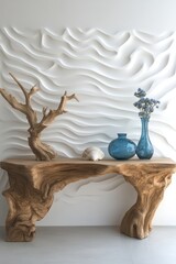 Rustic console table with driftwood, seashells, and flowers