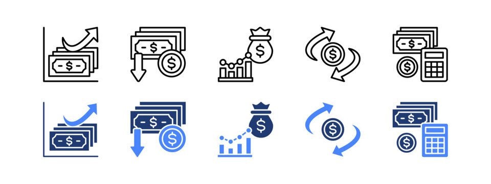 Financial planning icon set with Finance, Inflation, Analytics, Cash Flow, Cost.