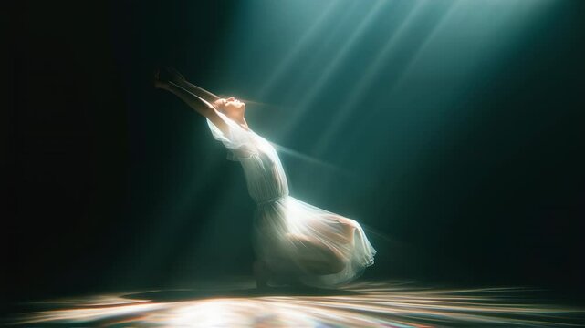 Graceful ballerina executes a fluid dance underwater, illuminated by dramatic beams of light, showcasing her elegance and poise in a captivating performance