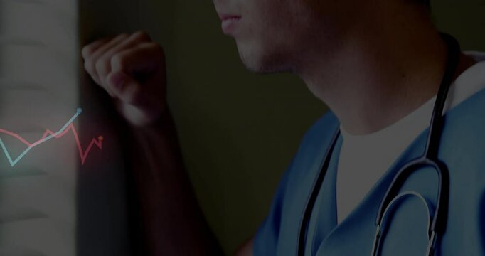 Doctor pressing fist against blinds and causing animated graphs flashing upward seeking insights