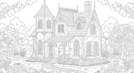 Victorian house with tower and garden in detailed line art for coloring book enthusiasts and artists