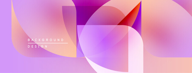 Abstract geometric shapes overlap. Soft gradients create vibrant purple, pink hues. Modern design element for backgrounds.