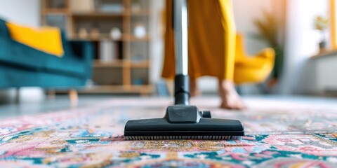 Vacuuming a Colorful Rug in a Bright Living Room