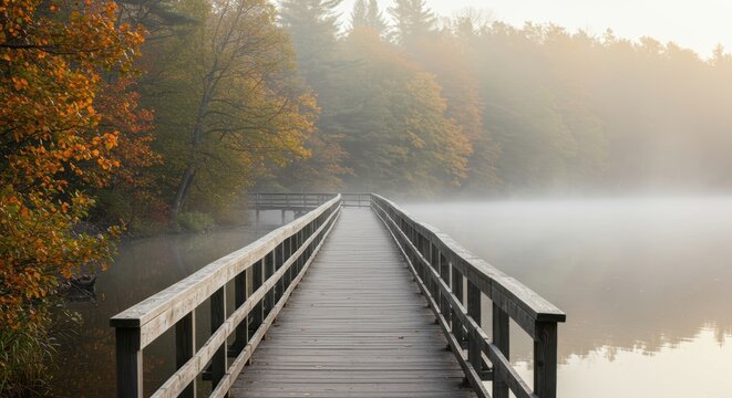 Misty Autumn Morning Wooden Bridge over Calm Lake