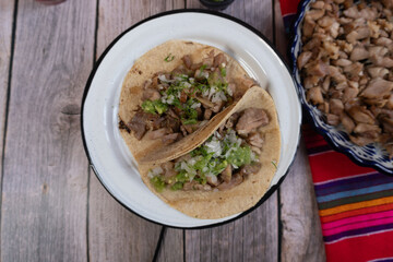 Top view of a pair of carnitas tacos, Mexican food