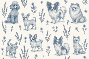 poodle chihuahua papillon pomeranian toile pattern with botanical lavender and daisy floral vintage blue engraving seamless illustration