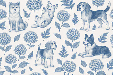  shiba inu corgi beagle border collie toile pattern with hydrangea fern floral botanical vintage blue engraving seamless illustration