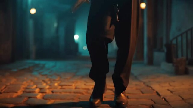 Cinematic close up of a dangerous criminal holding a knife walking in a dark alley at night, creating a suspenseful and threatening atmosphere