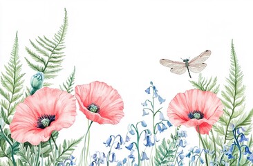 Watercolor Illustration Of Pink Poppies And Ferns