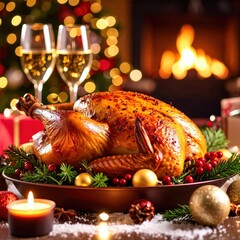 Festive holiday roast turkey with stuffing and side candles for celebration