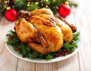 Delicious roasted whole chicken on a festive holiday table with greenery
