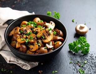 Delicious saut?ed mushrooms garnished with fresh parsley in a black bowl on dark surface