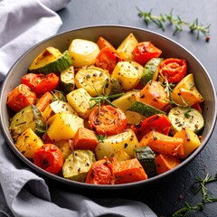 Colorful roasted vegetable medley in a black bowl with fresh herbs on gray background