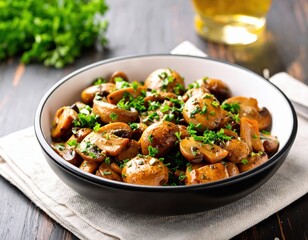 Delicious seasoned saut?ed mushrooms garnished with herbs served in a black bowl