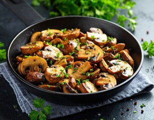 Delicious saut?ed mushrooms with herbs and garlic in a black skillet