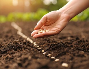 Human hand planting seeds in soil for gardening or agriculture activity