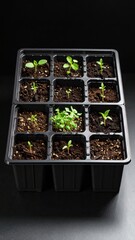 Indoor seedling starter tray with young green sprouting plants growing in soil