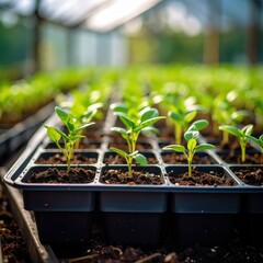 Young green seedlings growing in trays inside greenhouse under natural sunlight